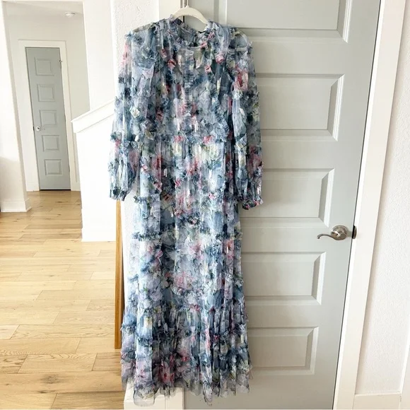 NWT 8098 Mac Duggal Long Sleeve High Neck Floral Ruffle Gown - Picture 6 of 10